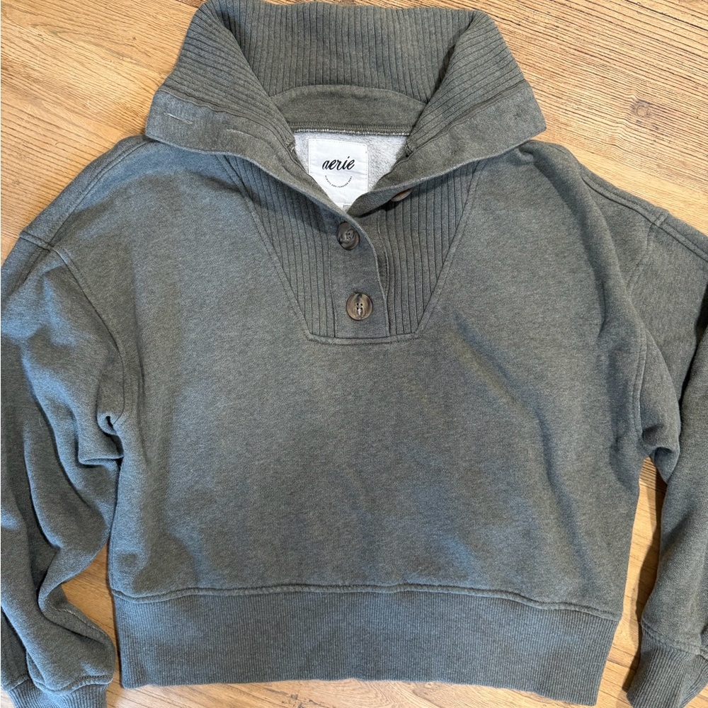 Aerie Olive Green Button-Front Funnel Neck Sweater